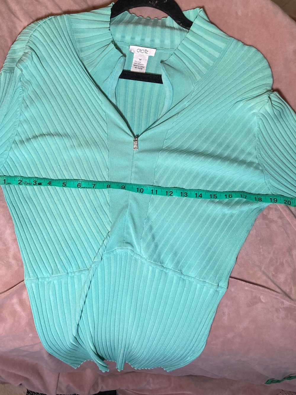 Cache Silk Turquoise Ribbed Zip-Front Ruffle Collar Blouse Rhinestone Zipper - Picture 10 of 11